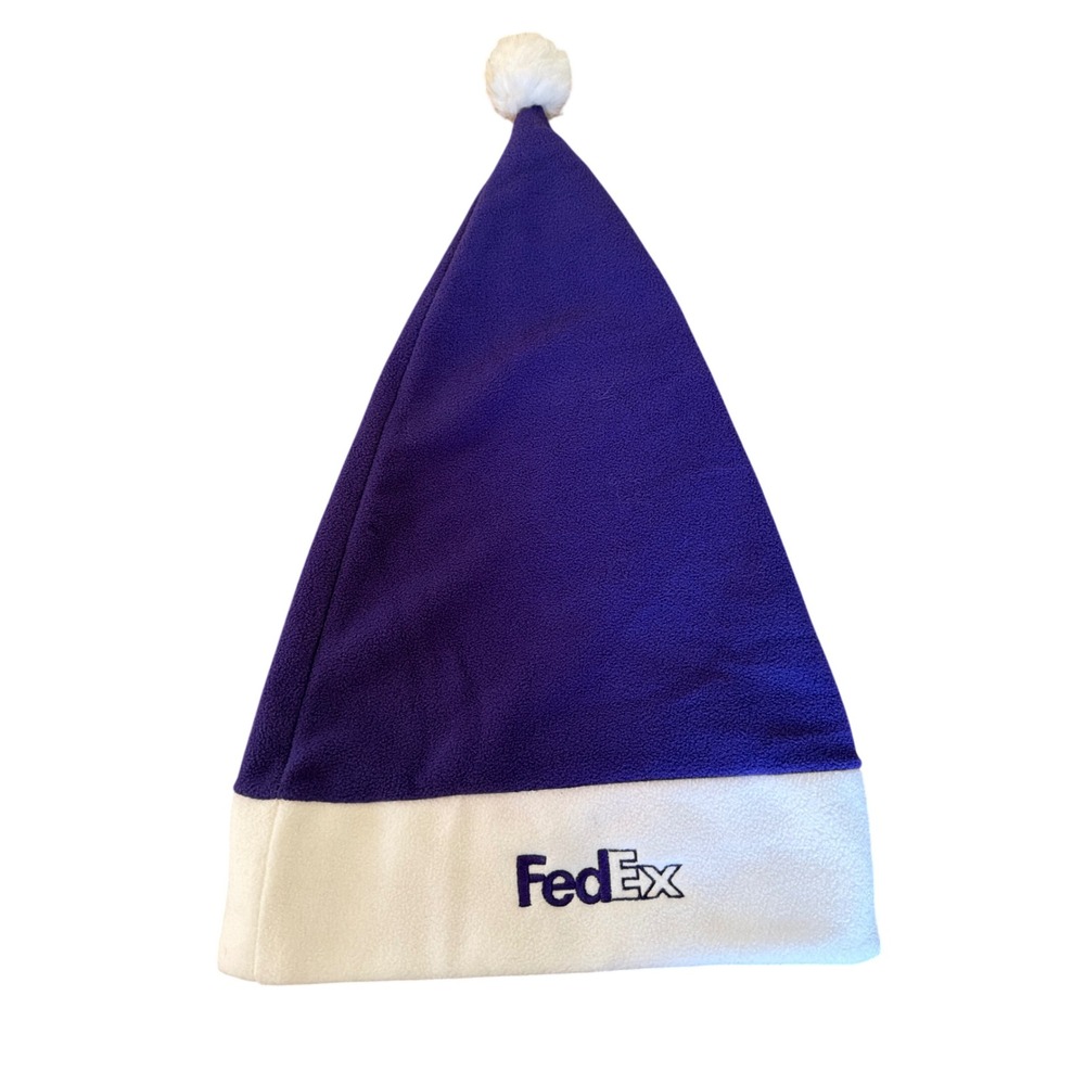FedEx Purple White Fleece Holiday Santa Hat Pom Pom Promotional Logo Accessory